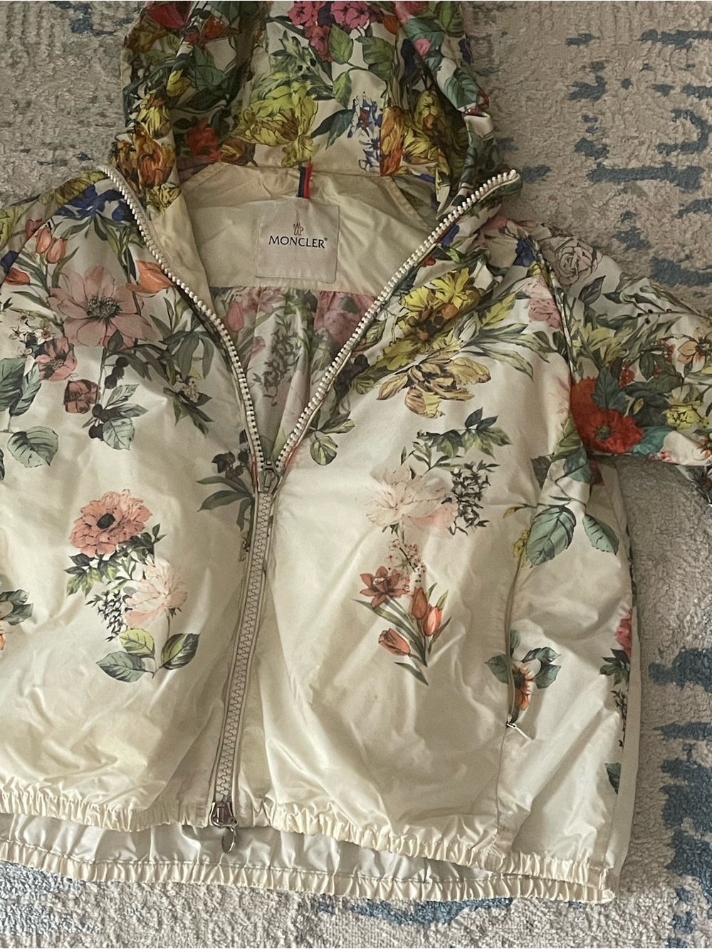 Moncler White Floral Quilted Puffer Jacket with Pink and Green Accents